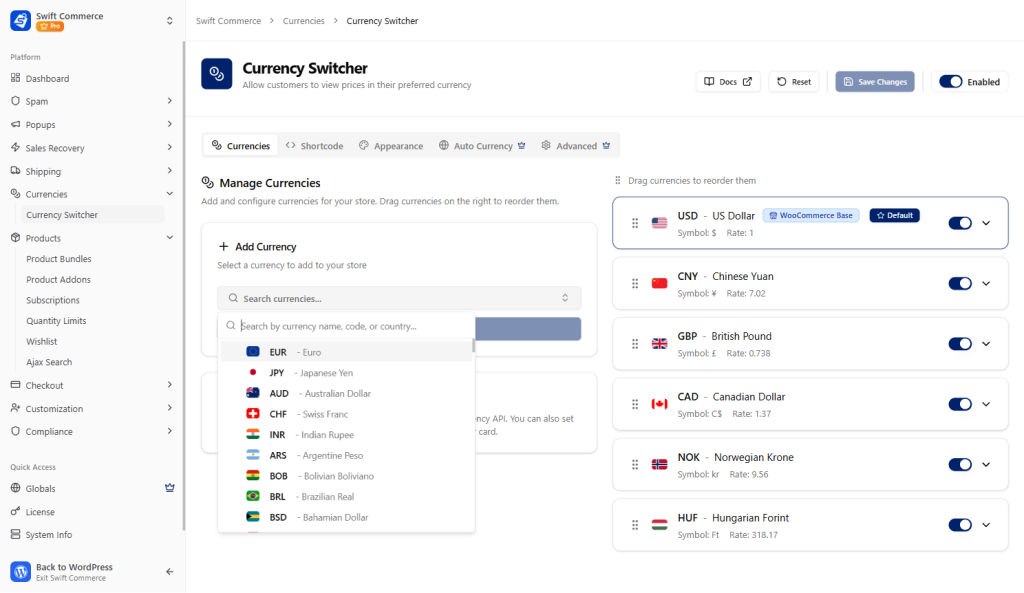 Swift Commerce currency switcher feature for woocommerce